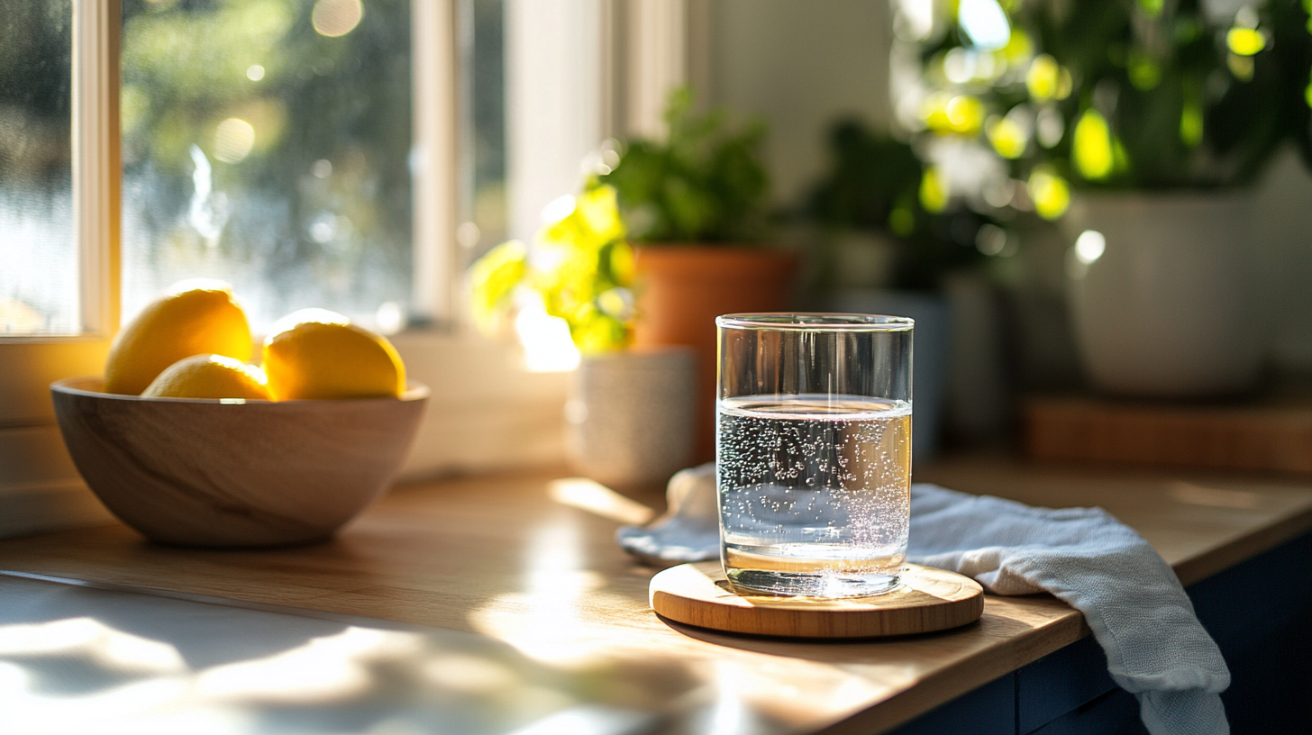 Glas gefiltertes Wasser in einer hellen Küche